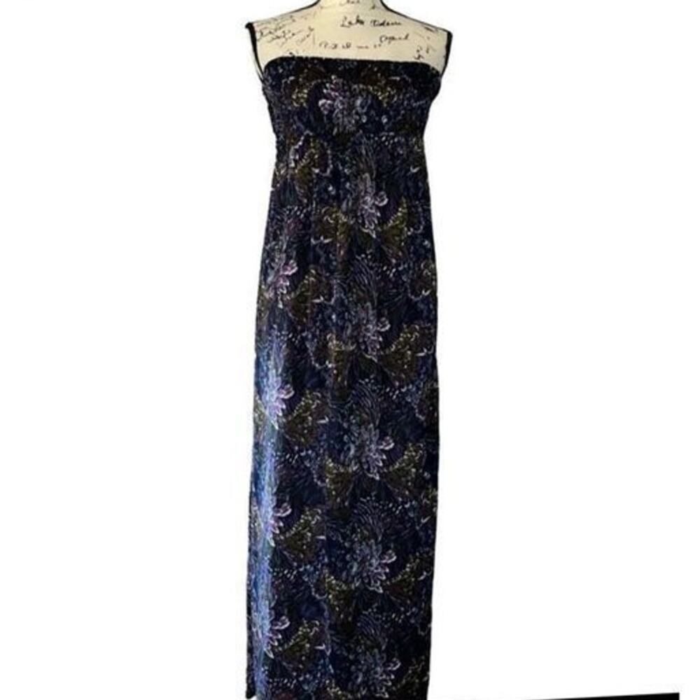 Genady Strapless Smocked Maxi Dress Purple Blue Floral Paisley Boho Summer Large